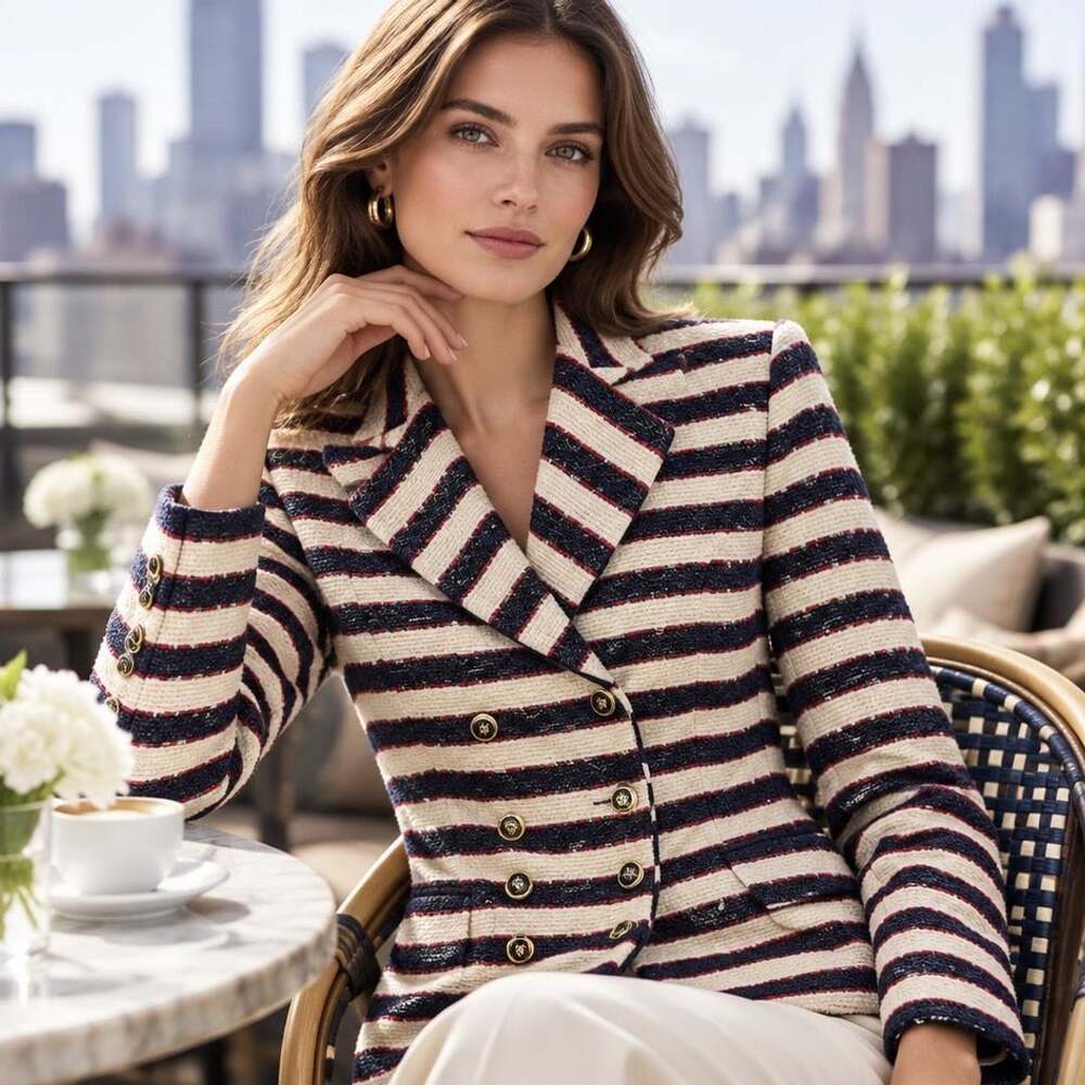 Cabi Cruise Jacket Size 4 Navy White Striped Tweed Blazer 5094